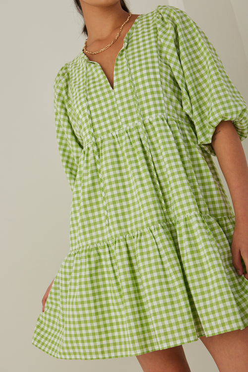 Provocation Green Gingham Babydoll Ss Puff Sleeve Mini Dress WW Dress Among the Brave   