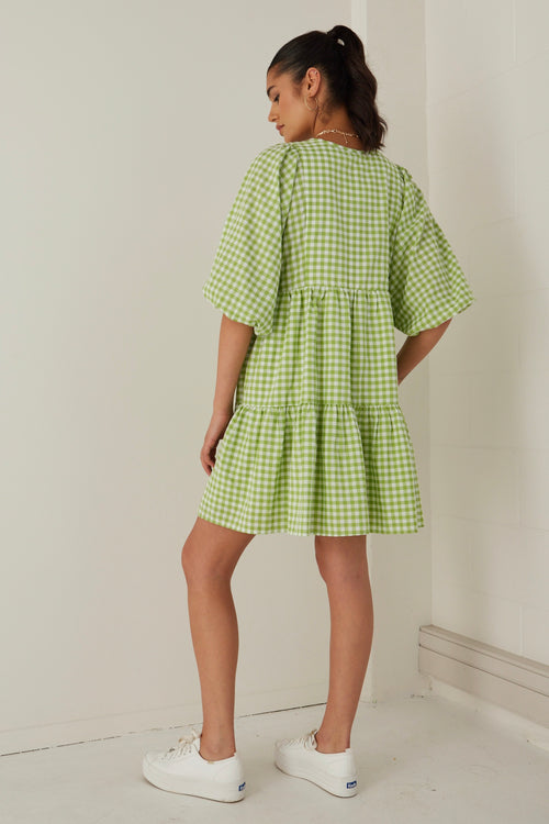 Provocation Green Gingham Babydoll Ss Puff Sleeve Mini Dress WW Dress Among the Brave   