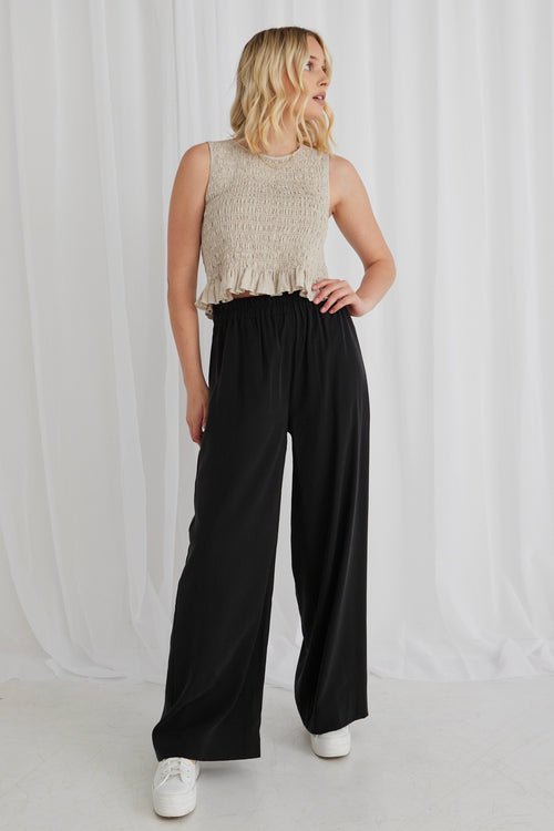 Resort Black Linen Wide Leg Elastic Waist Pant WW Pants RE:Union   