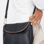 FiFi Black Fold Over Leather Shoulder Bag