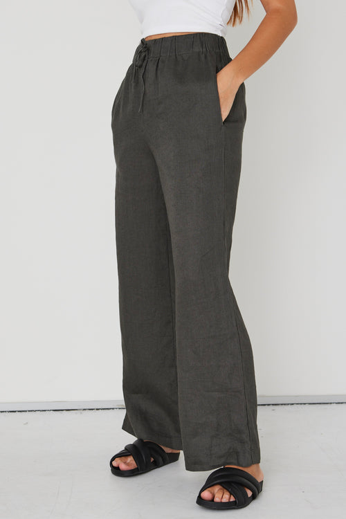 Resort Dark Olive Linen Wide Leg Elastic Waist Pant WW Pants RE:Union   