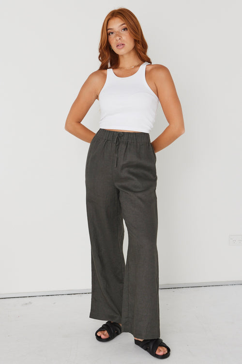 Resort Dark Olive Linen Wide Leg Elastic Waist Pant WW Pants RE:Union   