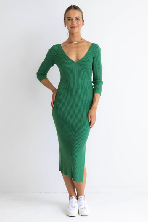 Equinox Kelly Green Half Sleeve V Neck Tie Back Rib Knit Midi Dress WW Dress Among the Brave   