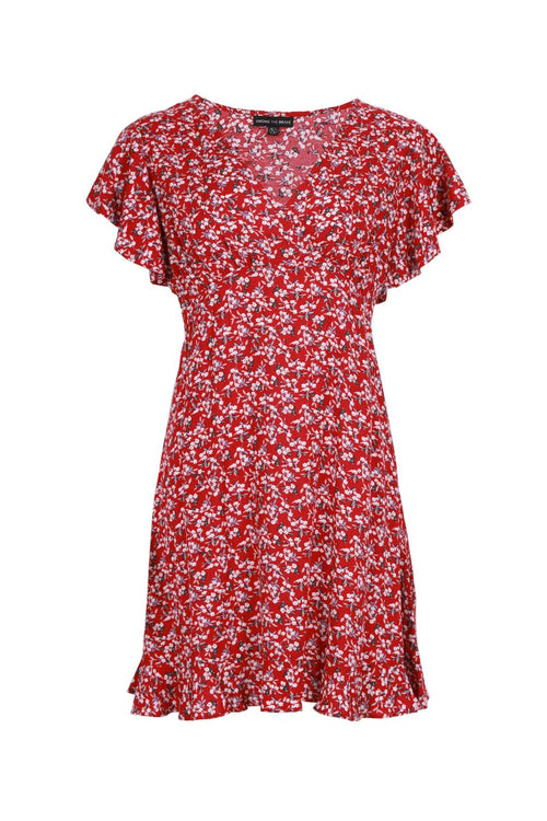 Light Hearted Red Floral Flutter Sleeve Ruffle Hem Mini Dress WW Dress Among the Brave   