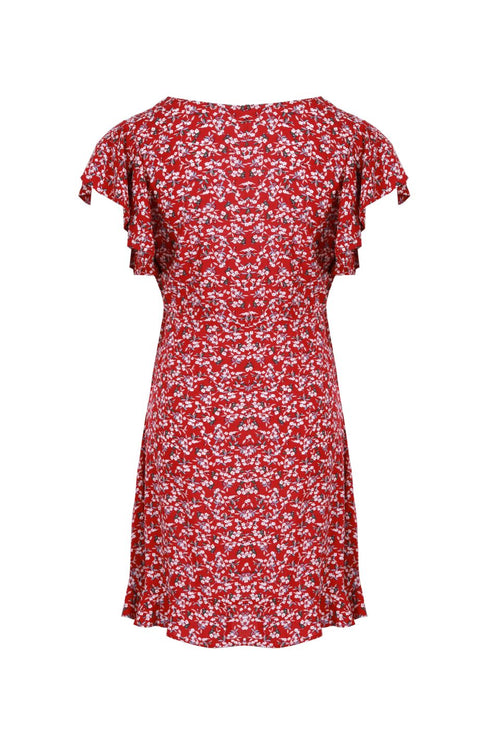 Light Hearted Red Floral Flutter Sleeve Ruffle Hem Mini Dress WW Dress Among the Brave   