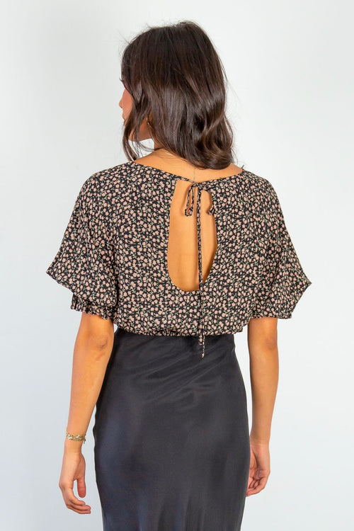 Dare Me Walnut Floral Puff Sleeve Elastic Waist Tie Back Crop Top WW Top Among the Brave   