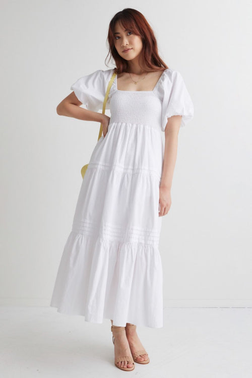 Captivate White Square Neck Bubble Slv Pleat Tiered Midi Dress WW Dress Ivy + Jack   