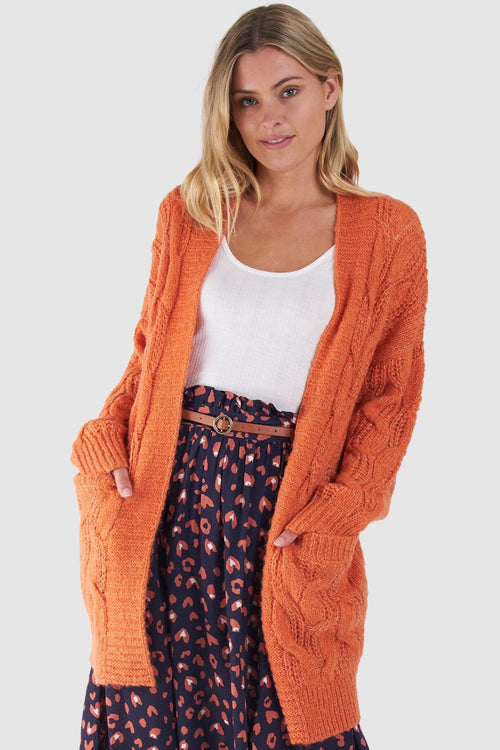 Grace Papaya Orange Cable Knit Longline Cardigan WW Knitwear Sass   