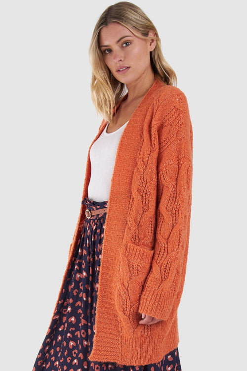 Grace Papaya Orange Cable Knit Longline Cardigan WW Knitwear Sass   