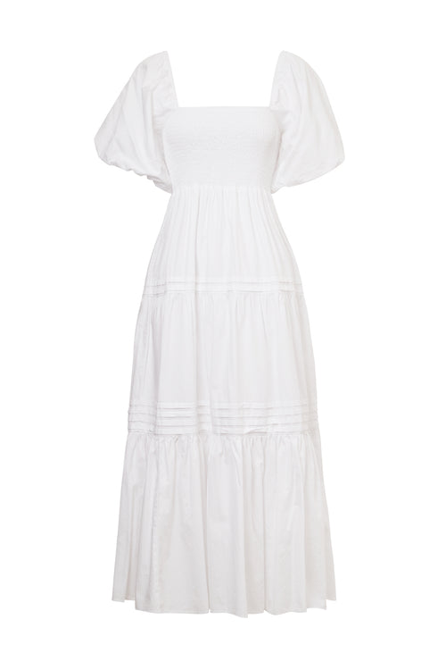 Captivate White Square Neck Bubble Slv Pleat Tiered Midi Dress WW Dress Ivy + Jack   