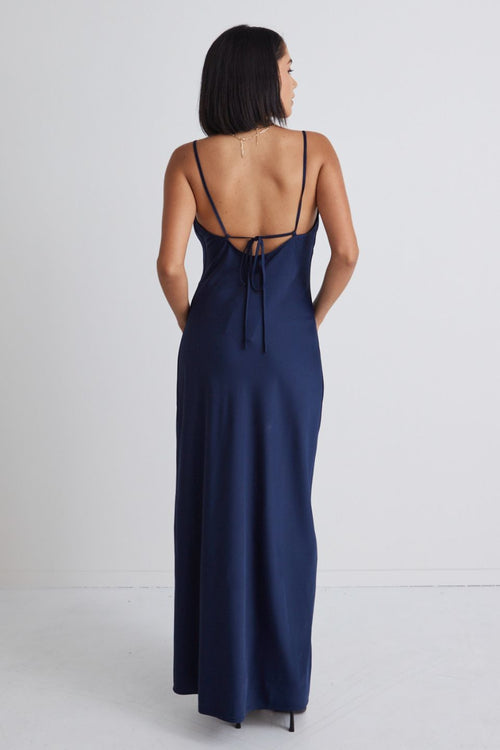 Show Stopper Navy Satin Strappy Midi Dress WW Dress Among the Brave   