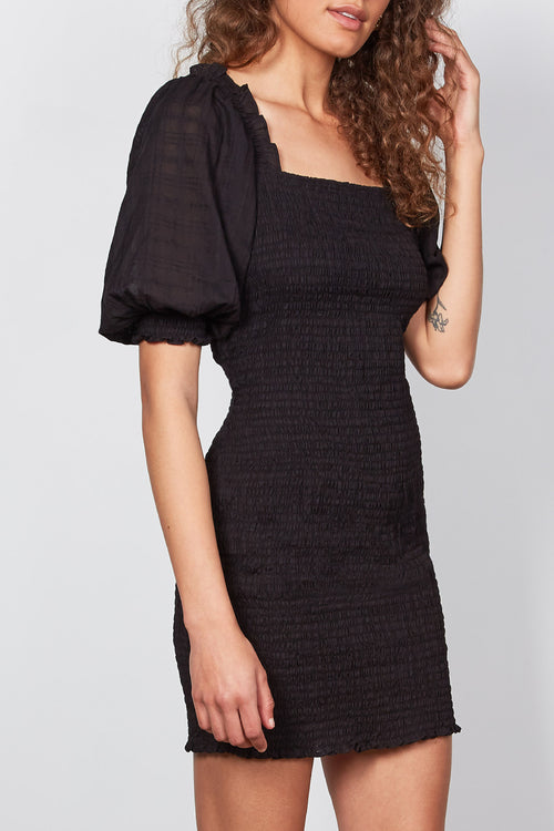 Lucie Puff Sleeve Shirred Black Mini Dress WW Dress Wish   