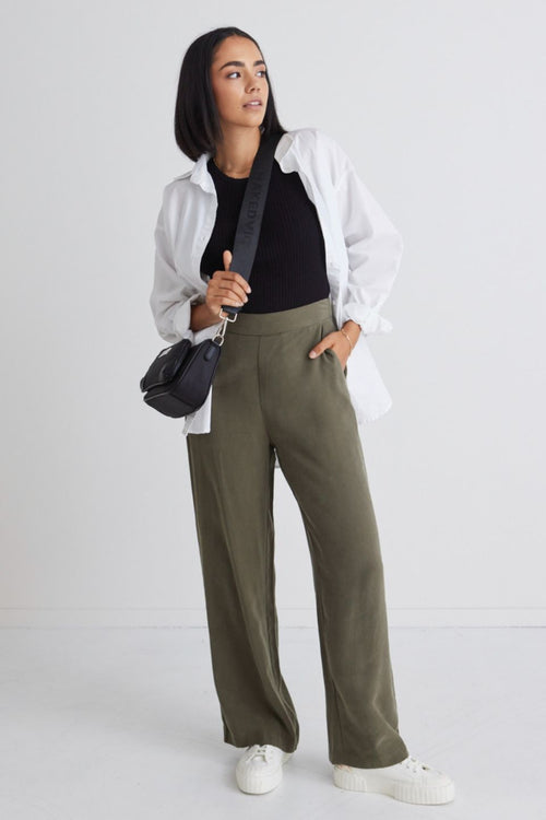 Effortless Khaki Viscose Deep Band Wide Leg Pant WW Pants Among the Brave   