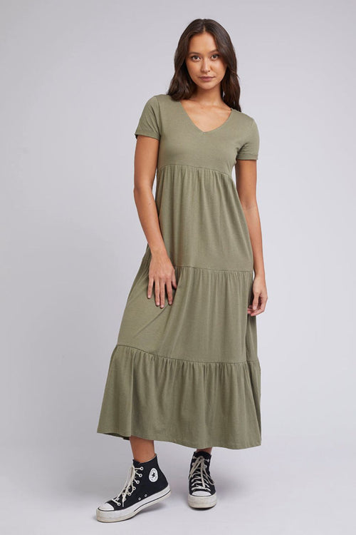 Lola Khaki Tiered SS Midi Dress WW Dress Silent Theory   