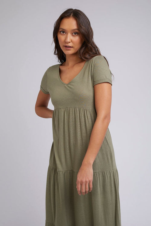 Lola Khaki Tiered SS Midi Dress WW Dress Silent Theory   