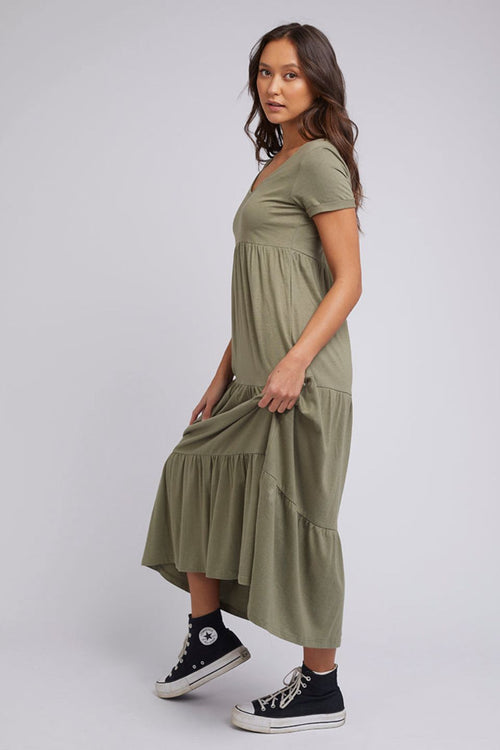 Lola Khaki Tiered SS Midi Dress WW Dress Silent Theory   