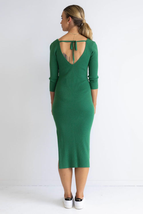 Equinox Kelly Green Half Sleeve V Neck Tie Back Rib Knit Midi Dress WW Dress Among the Brave   