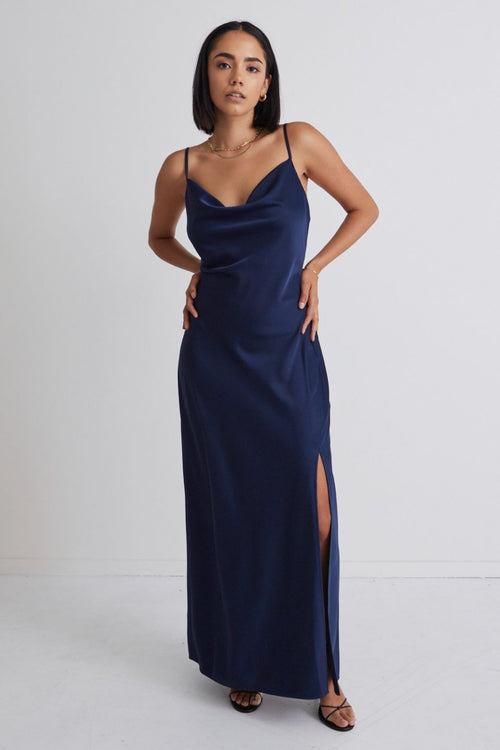 Show Stopper Navy Satin Strappy Midi Dress WW Dress Among the Brave   