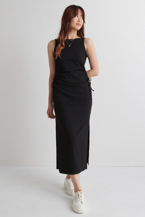 Night Out Black Rib Rouched Sleeveless Maxi Dress WW Dress Among the Brave   