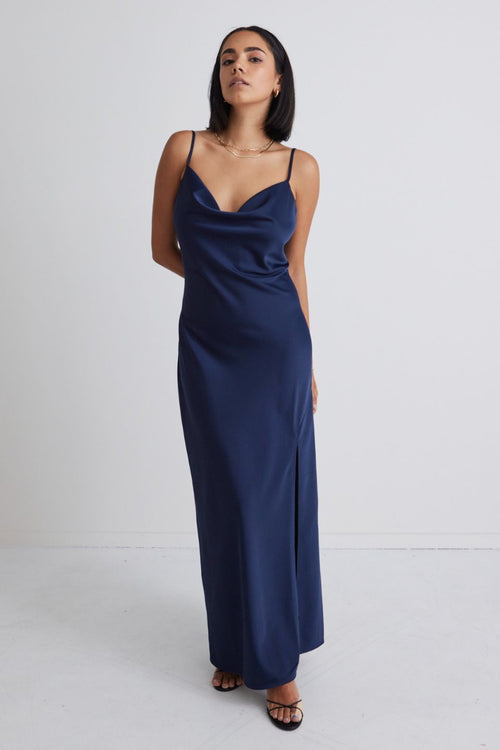 Show Stopper Navy Satin Strappy Midi Dress WW Dress Among the Brave   