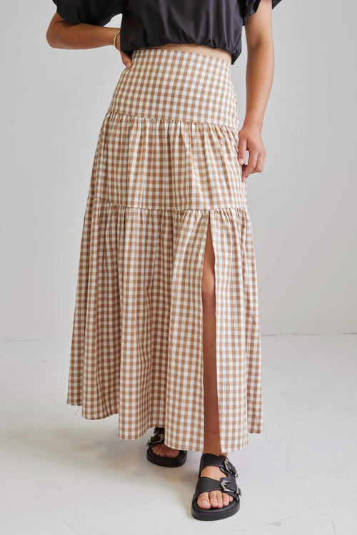 Playful Natural Gingham Tiered Maxi Skirt WW Skirt Among the Brave   