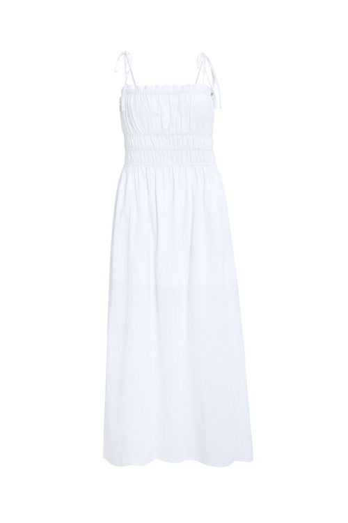 Arcadia White Cotton Gathered Tie Strap Midi Dress WW Dress Among the Brave   