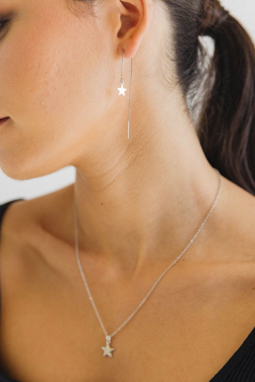 Thread Chain Star Rhodium Earrings ACC Jewellery Flo Gives Back 15% to Women In Need   