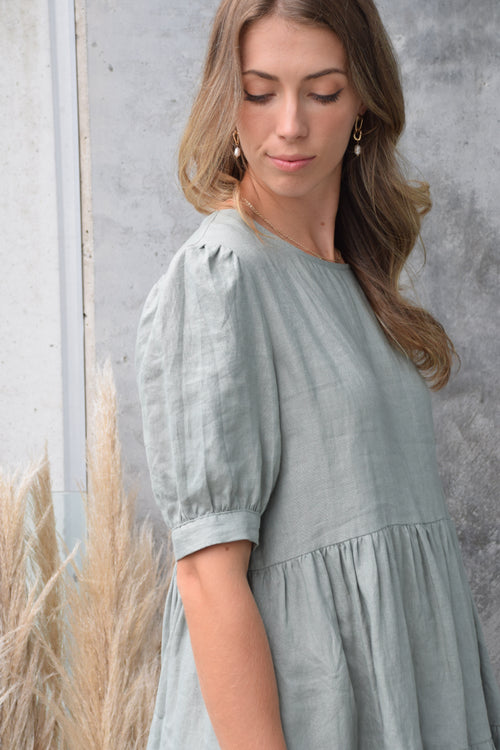 Breathtaking Puff Sleeve Moss Tiered Linen Smock Dress WW Dress Among the Brave   