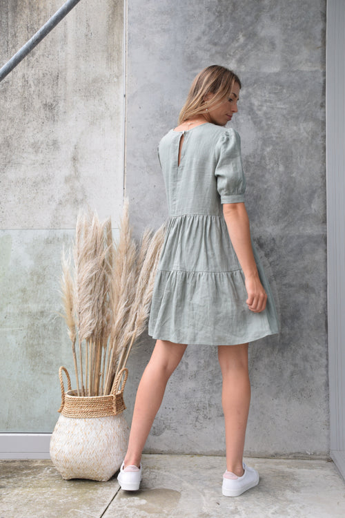 Breathtaking Puff Sleeve Moss Tiered Linen Smock Dress WW Dress Among the Brave   