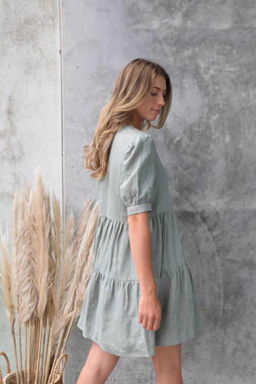 Breathtaking Puff Sleeve Moss Tiered Linen Smock Dress WW Dress Among the Brave   