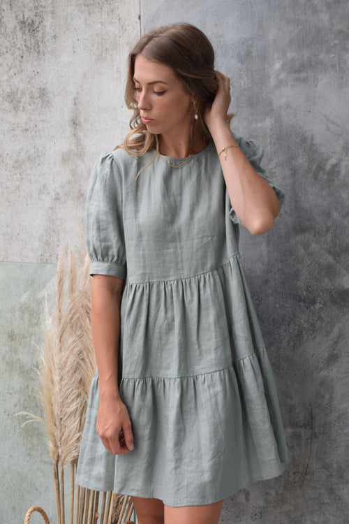 Breathtaking Puff Sleeve Moss Tiered Linen Smock Dress WW Dress Among the Brave   