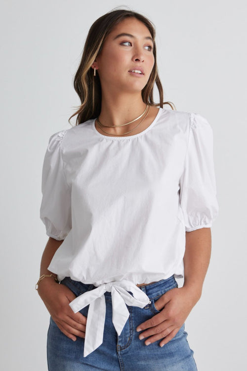 Cameron White Poplin Puff SS Front Tie Top WW Top Ivy + Jack   