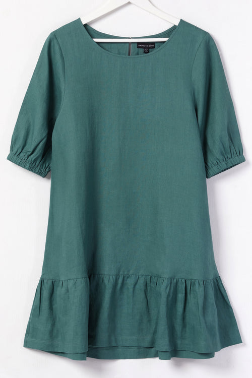 California Forest Frill Hem Puff Sleeve Linen Shift Dress WW Dress Among the Brave   