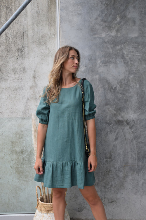 California Forest Frill Hem Puff Sleeve Linen Shift Dress WW Dress Among the Brave   