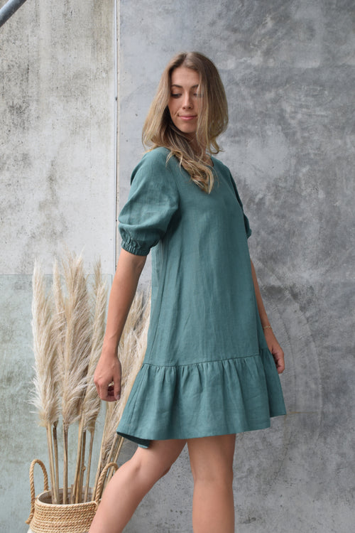 California Forest Frill Hem Puff Sleeve Linen Shift Dress WW Dress Among the Brave   