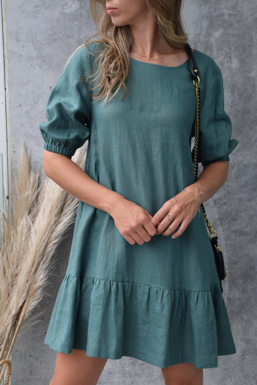 California Forest Frill Hem Puff Sleeve Linen Shift Dress WW Dress Among the Brave   