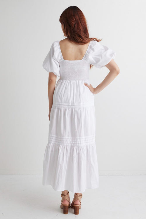 Captivate White Square Neck Bubble Slv Pleat Tiered Midi Dress WW Dress Ivy + Jack   