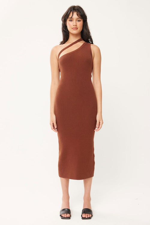 Dusk Brown One Shoulder Knit Midi Dress WW Dress Huffer   