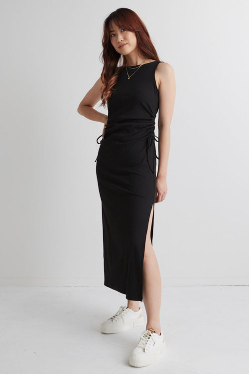 Night Out Black Rib Rouched Sleeveless Maxi Dress WW Dress Among the Brave   