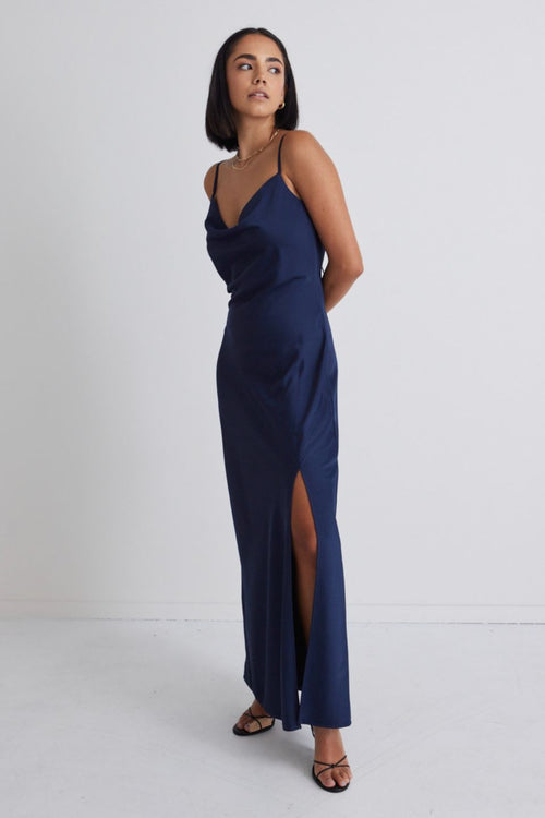 Show Stopper Navy Satin Strappy Midi Dress WW Dress Among the Brave   