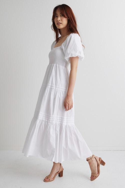 Captivate White Square Neck Bubble Slv Pleat Tiered Midi Dress WW Dress Ivy + Jack   