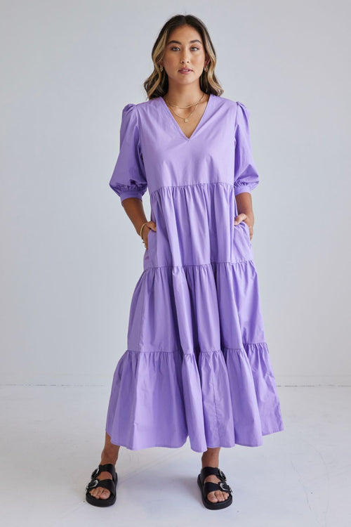 Clarity Lilac Puff Sleeve Tiered Maxi Dress WW Dress Among the Brave   