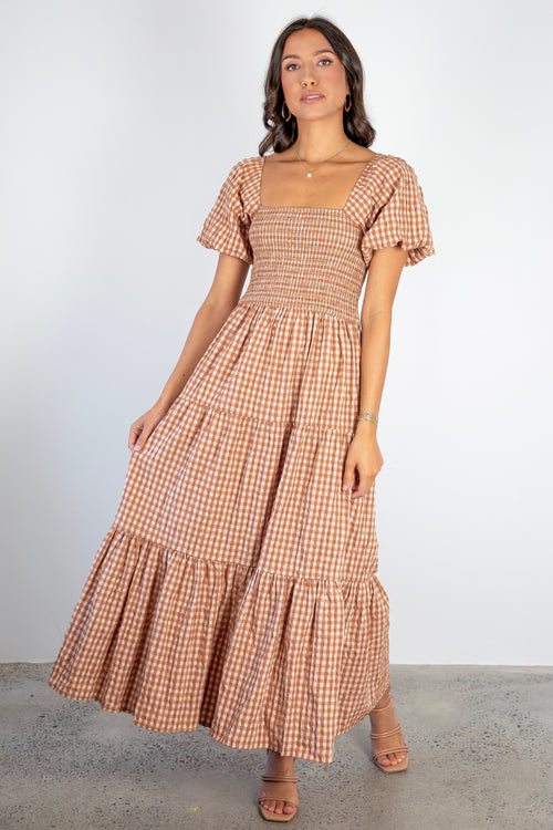 Raven Caramel Cotton Check Square Neck Bubble SS Tiered Midi Dress WW Dress Ivy + Jack   