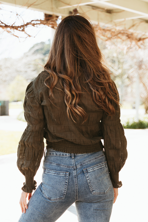 Heaven Khaki Shirred Cotton LS Shirred Back Hem Top WW Top Ivy + Jack   