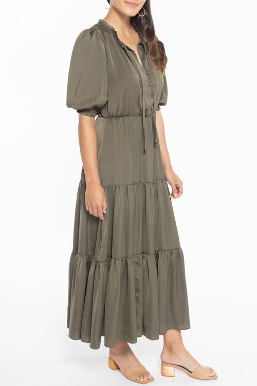 Curious Khaki Puff Short Sleeve Tiered Satin Midi Dress WW Dress Leila + Luca   