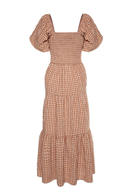 Raven Caramel Cotton Check Square Neck Bubble SS Tiered Midi Dress WW Dress Ivy + Jack   