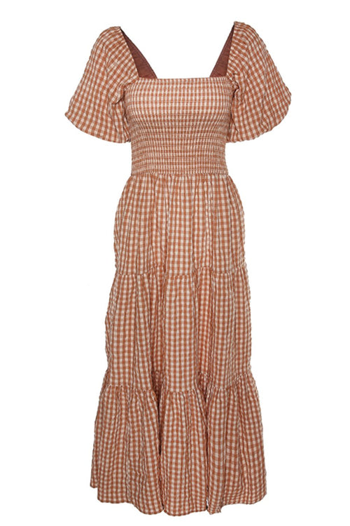 Raven Caramel Cotton Check Square Neck Bubble SS Tiered Midi Dress WW Dress Ivy + Jack   