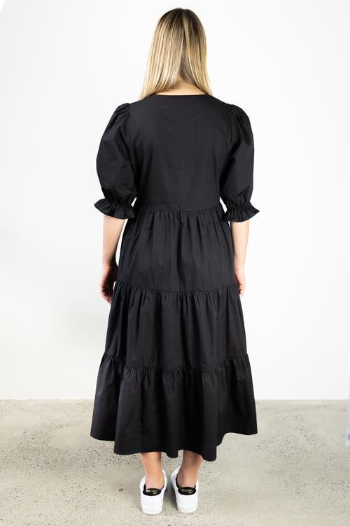 True Love Black Cotton V Neck SS Puff Sleeve Tiered Maxi Dress WW Dress Among the Brave   