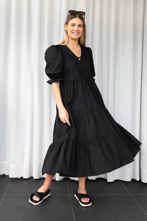 True Love Black Cotton V Neck SS Puff Sleeve Tiered Maxi Dress WW Dress Among the Brave   