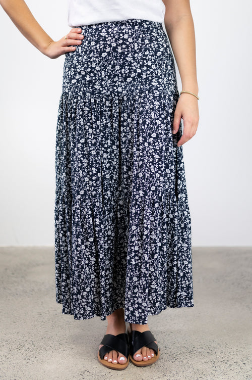 Blazing Navy Floral Vines Tiered Midi Skirt WW Skirt Among the Brave   